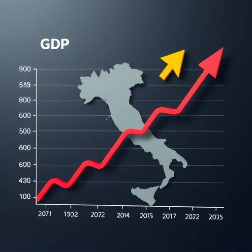 Grafico che mostra l'andamento positivo del PIL italiano con frecce verdi verso l'alto.