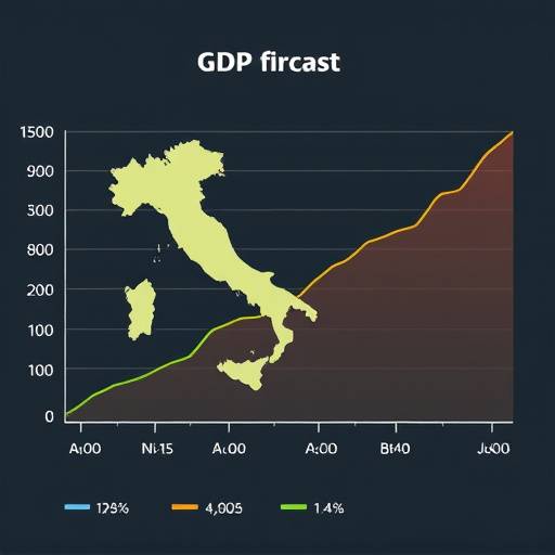 Grafico che mostra le previsioni di crescita del PIL italiano per i prossimi anni, con diverse linee che rappresentano scenari ottimistici e pessimistici.