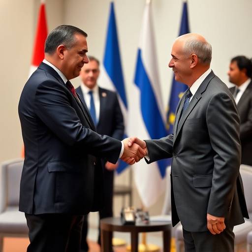 Una delegazione di diplomatici che si stringe la mano durante un incontro internazionale.