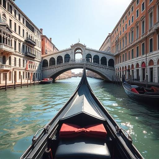Una gondola che naviga lungo il Canal Grande a Venezia, con il Ponte di Rialto sullo sfondo.