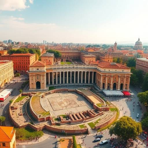 Una veduta aerea del Colosseo e dei Fori Imperiali a Roma.